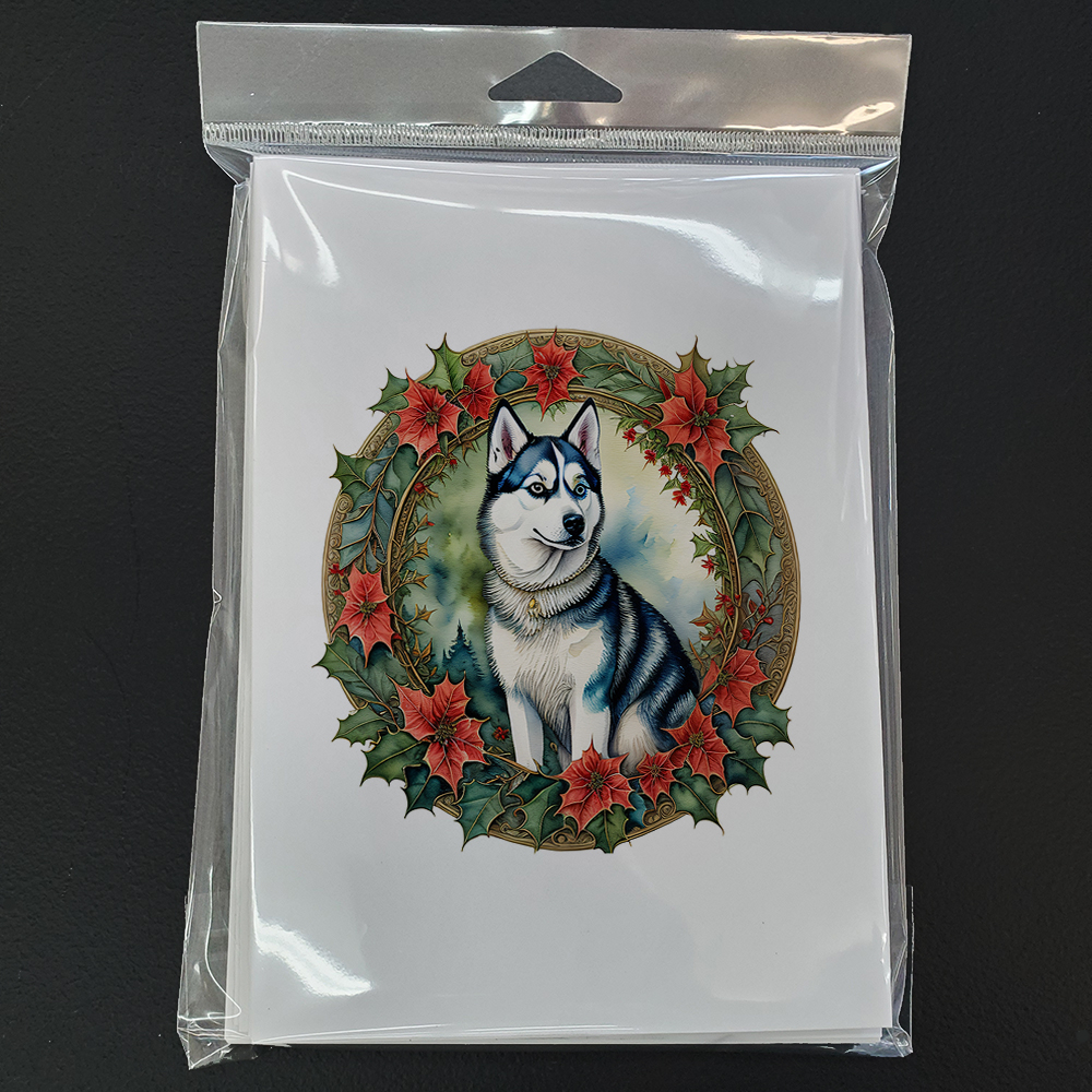 Siberian Husky Christmas Flowers Greeting Cards Pack of 8 7 in x 5 in