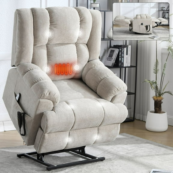 Dual Motor Power Lift Recliner Chair with Heat & Massage - 350lb Capacity, Infinite Positions, Medium-Firm Cushion & Remote Control - Heavy Duty Electric Recliner (Beige)