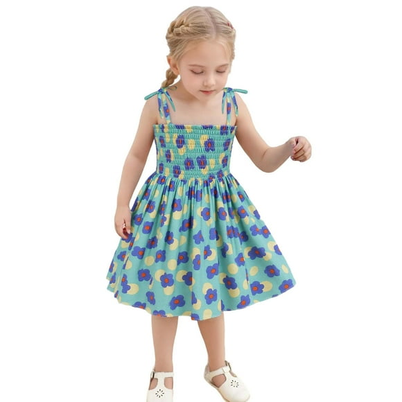 Robes Décontractées d'Été pour Filles Juniors, Imprimé Floral, à Lacets, Bretelles Spaghetti, Sans Manches, Robe de Plage Vêtements de Sport, Vert, 5-6 Ans