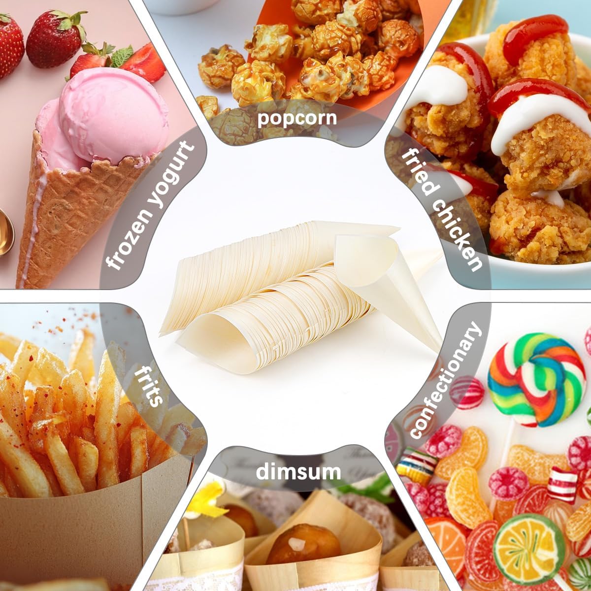 ABPETE 100Pcs Disposable Wood Cones Tasting Cones Serving Cones for Ice Cream Fries Appetizers Wedding Birthday Party Supplies, 5Inch