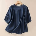 thumbnail image 4 of Women Cotton Linen Shirt Blouse V/Round Neck 3/4 Ruffle Sleeve Summer Fall Retro Embroidered Casual Loose Pleated Tunic Tee Tops,Blue,M, 4 of 5