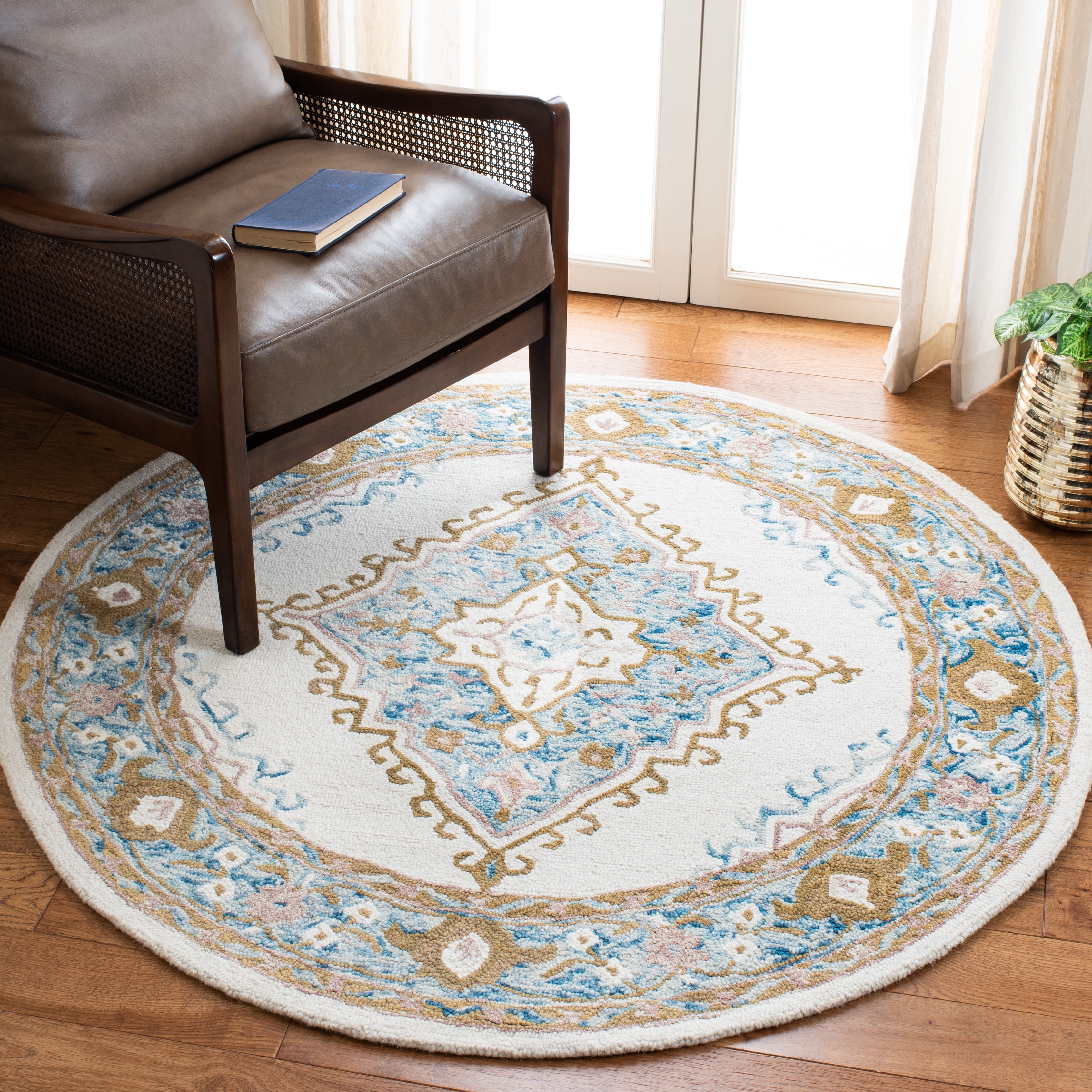 SAFAVIEH Micro-Loop Byron Geometric Striped Area Rug, Ivory/Blue, 5' x 5' Round