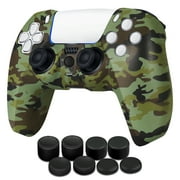 Controller Case for PS5 Silicone Controller Skin Dualsense Cover + 8 Pro Thumb Grips Set Sony Playstation 5 Skins Accessories Camo Green with Ergonomic Textured Grip