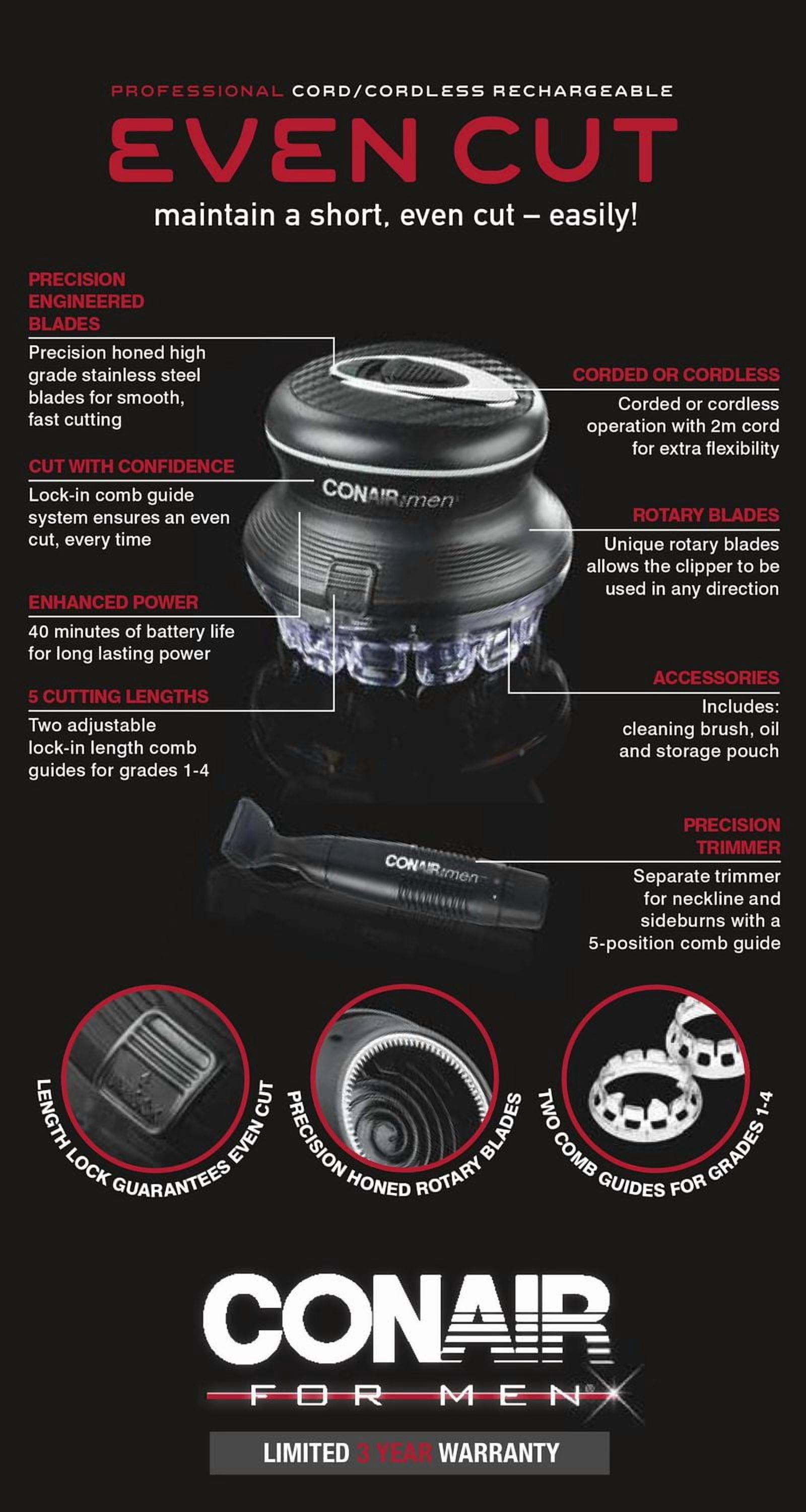 Conair for Men Even Cut V2 Rotary Clipper Haircut Grooming Kit with Trimmer