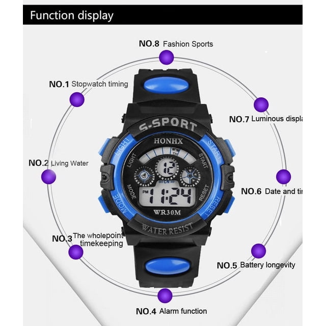 Waterproof Children Boy Digital LED Quartz Alarm Date Sports Wrist Watch Blue
