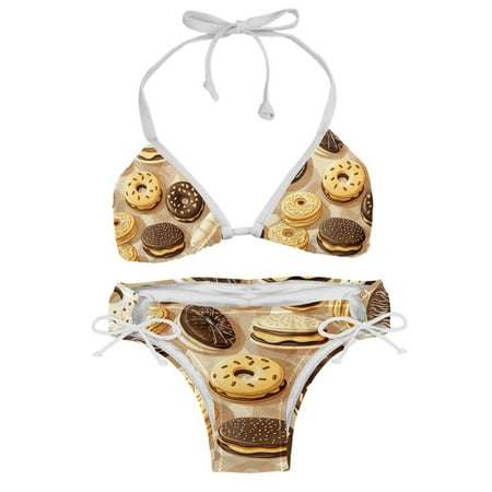 Women s Two Piece Halter Neck Bikini Swimsuits Padded Brown Caramel Donuts Print Swimwear Bathing Suits S