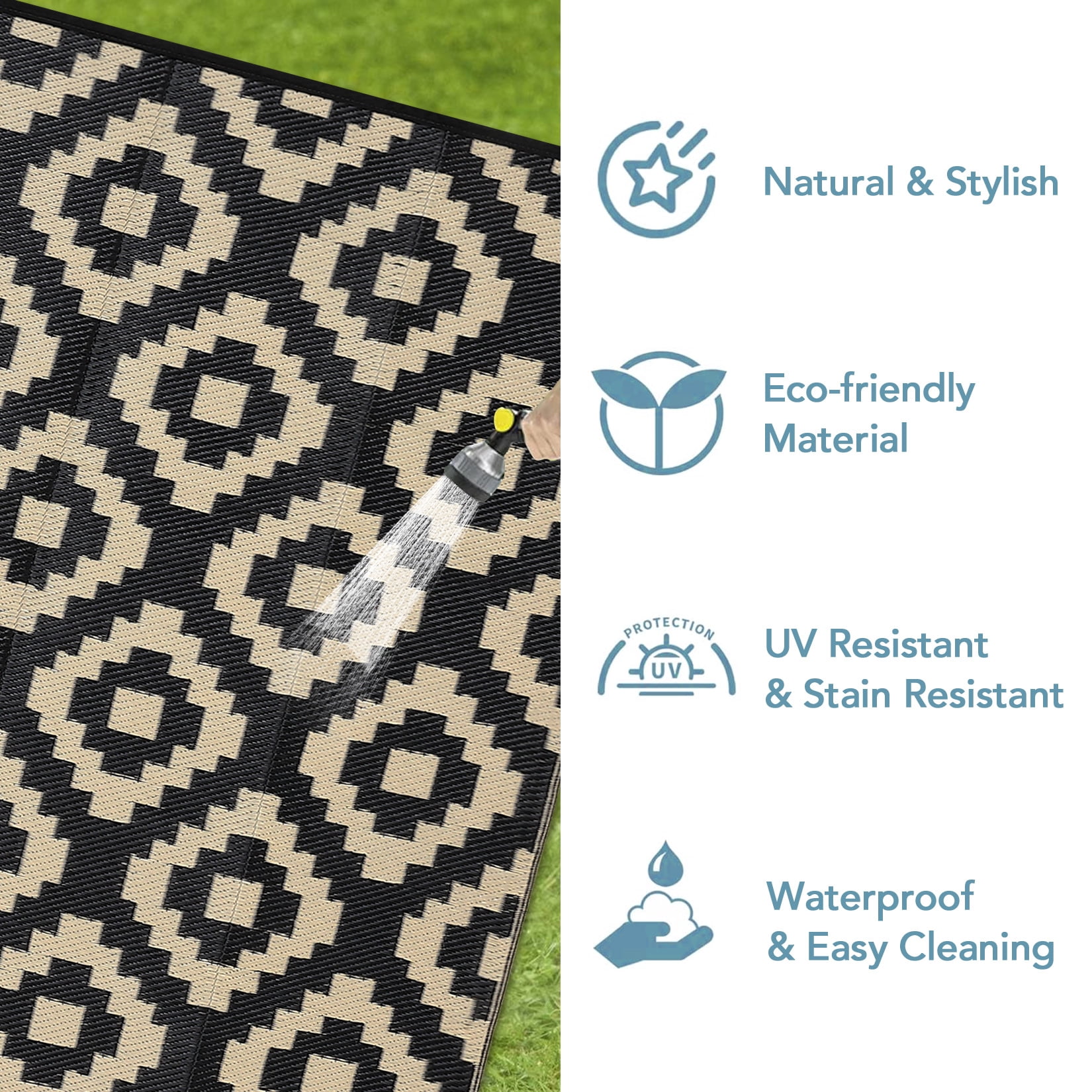 Twister.CK 8x10' Waterproof Outdoor Rug, Reversible Plastic Patio Rugs with Storage Bag, Portable Modern Indoor Outdoor Carpet for Camping, Balcony Deck Backyard, Black & Coffee