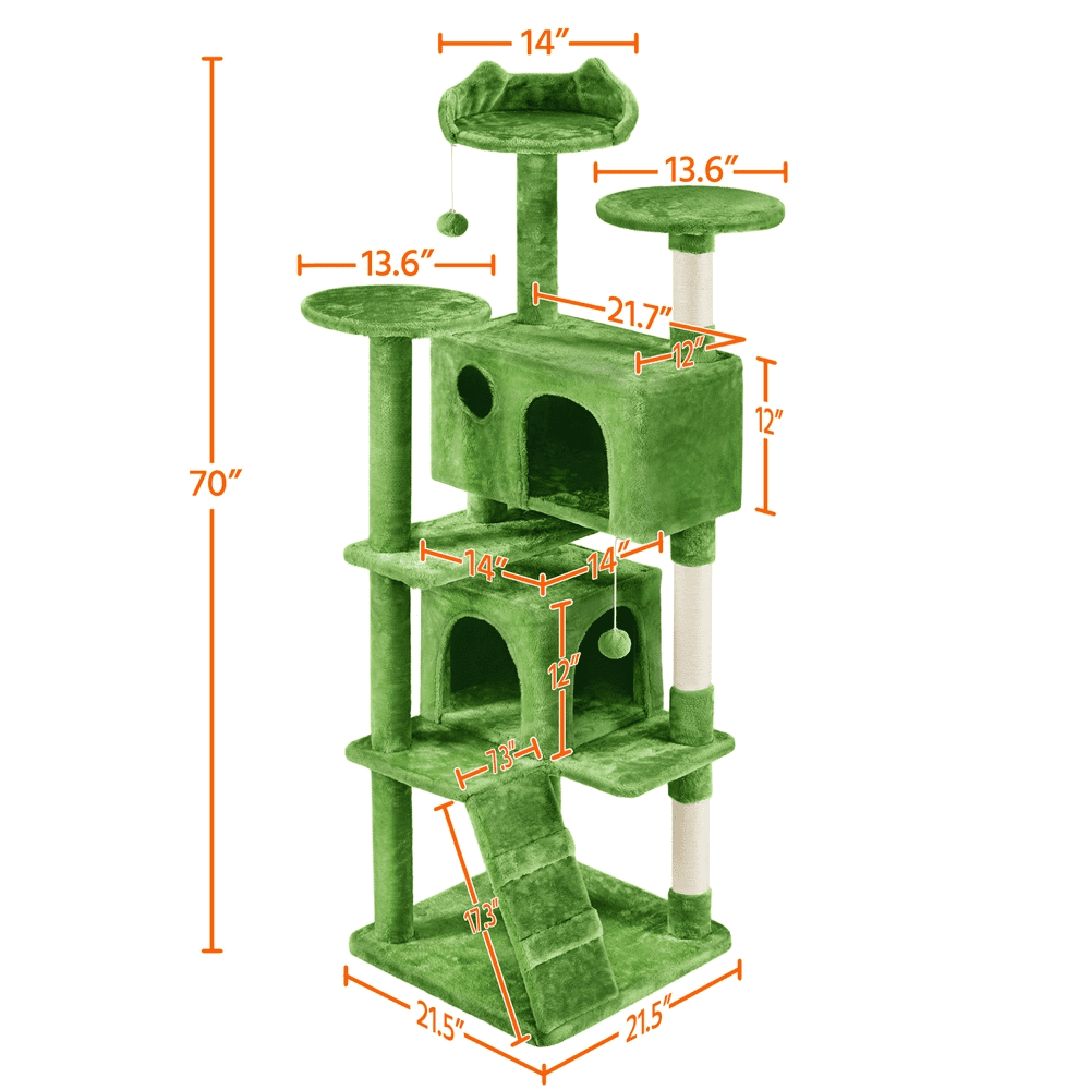 Alden Design 70'' Height Multilevel Cat Tree with 2 Condos for Kittens/Small Cats, Green