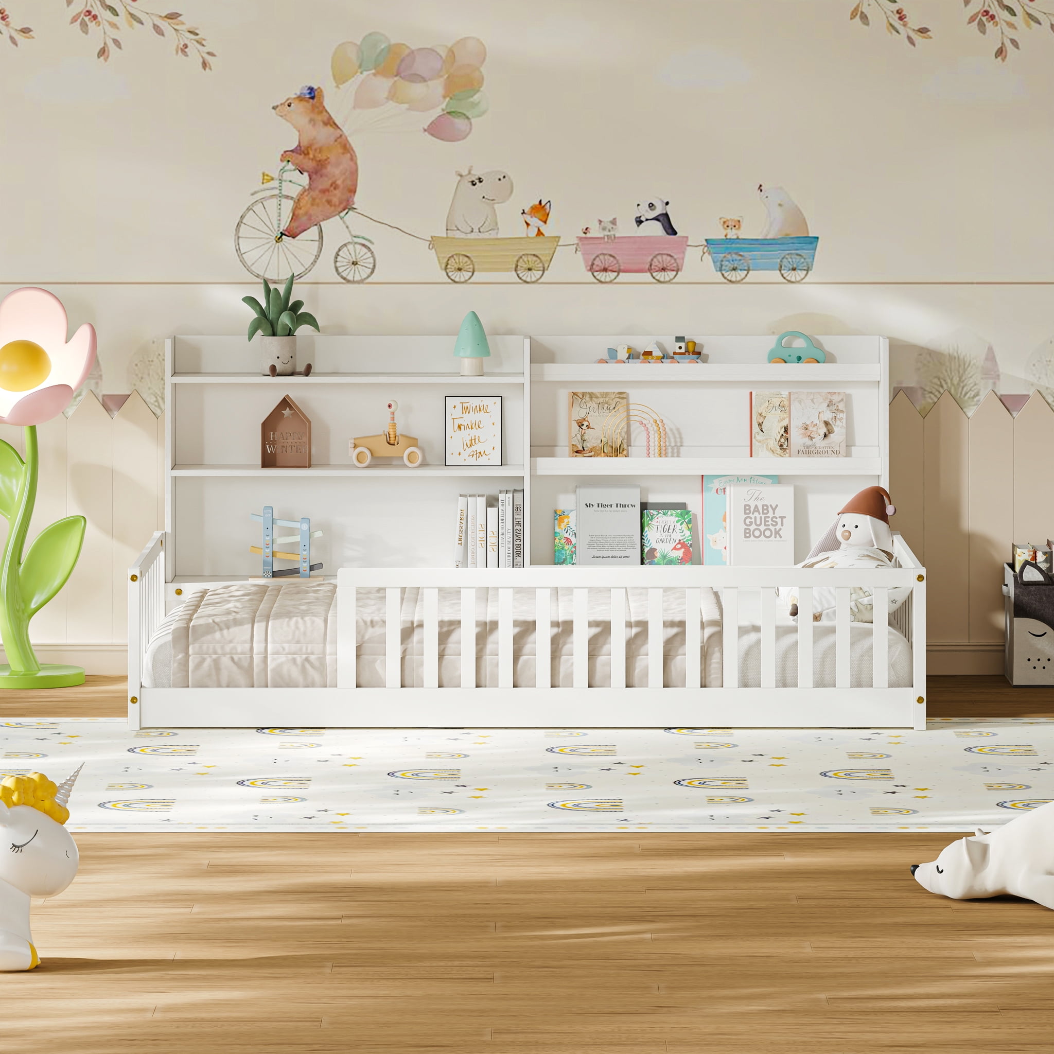 Garitin Twin Floor Bed and Montessori Kids Bed 77.2 Inch, Solid Pine Wood Frame with Bookshelf and Safety Rails for Children Bedroom, White