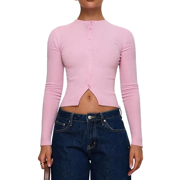 Womens Open Front Button Up Cropped Top Ribbed Knit Long Sleeve Shirt Casual Solid Crop Sweater Pink XL