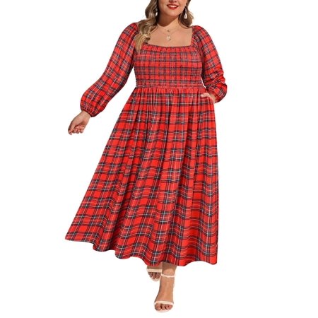 CASSIE LIZ Womens Plus Size Dresses Long Sleeve Boho Square Neck Bubble Sleeve Flowing Maxi Fall Dresses Holiday Wedding Date Guest（XL-5XL)