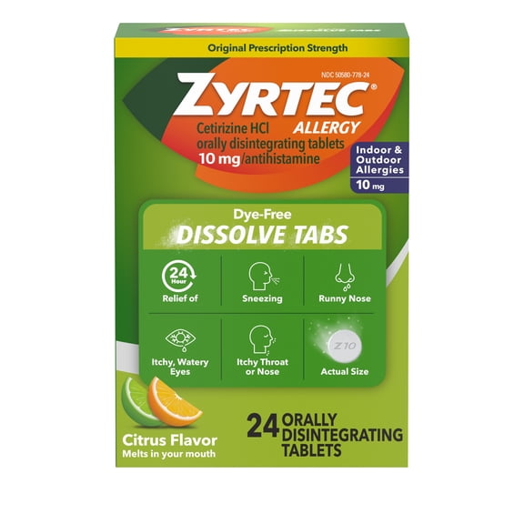 Zyrtec Allergy Dissolve Tablets, 10 mg Cetirizine HCl, Citrus, 24 Count