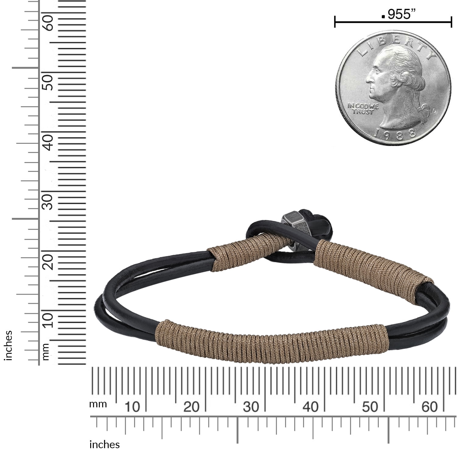 Metro Jewelry 8.5 Inches Long Beige Cord Wrapped Bracelet for Men with Thin Smooth Dual Band Genuine Leather 6 mm Wide Specialty Lock