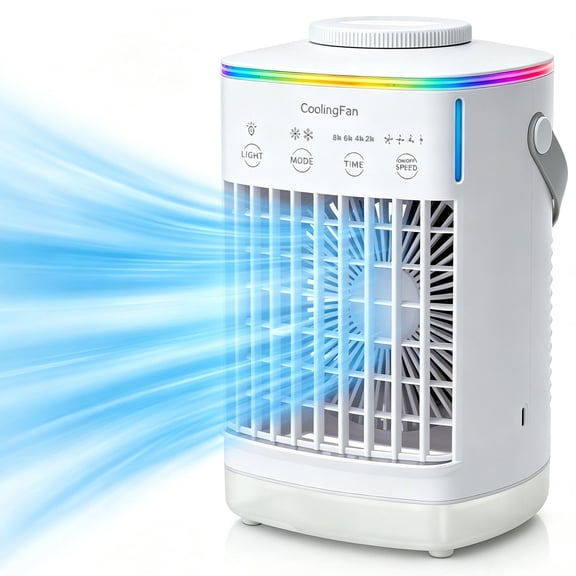 Portable Air Conditioner, Mini Evaporative Air Cooler Personal Desktop Cooling Fan with 4 Speed Modes & 4 Timer Settings and 7 Ambient Light for Home Bedroom Office