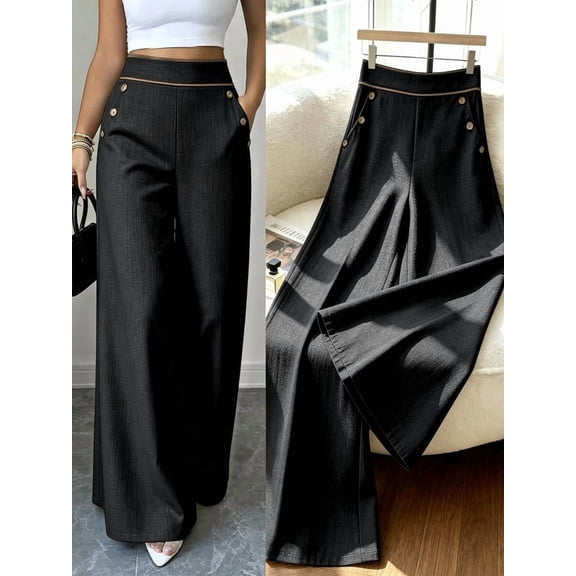 Women's High Waist Wide Leg Long Pants, Decorative Button Detail Trousers with Side Pockets, Elegant Office Business Casual Dressy Bottoms