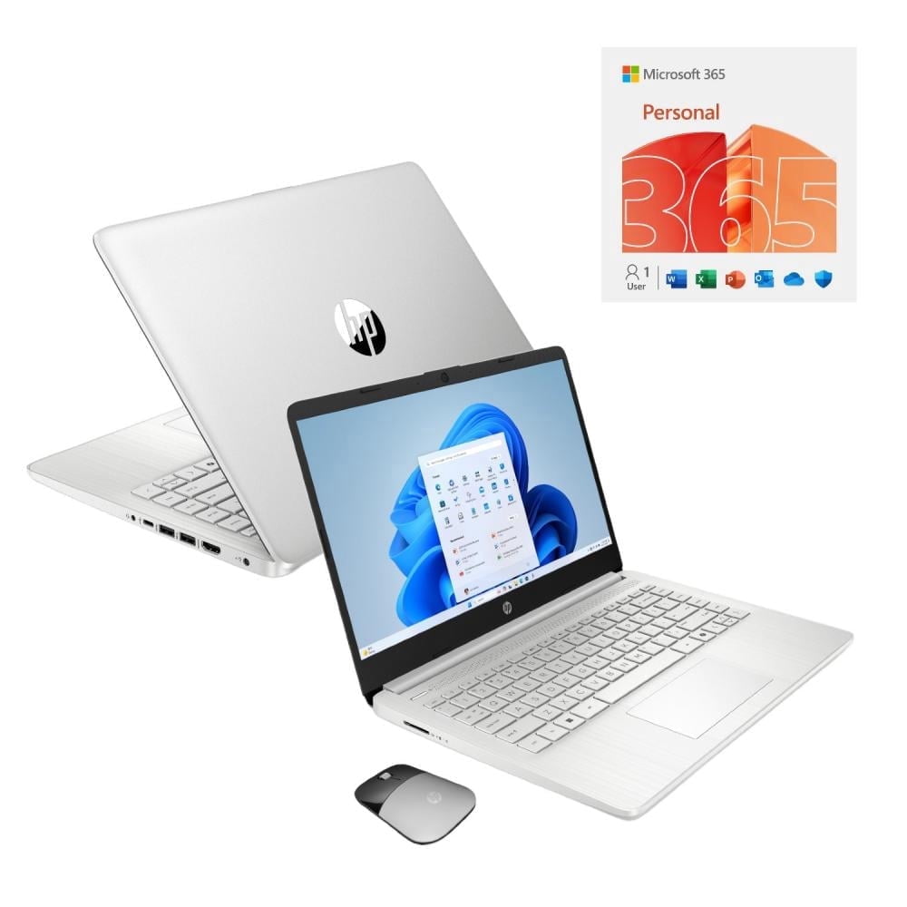 HP 14" HD Touchscreen Laptop with Copilot Intel N150 4GB RAM 128GB SSD Natural Silver + HP Wireless Mouse + One Year M365 Subscription