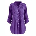 thumbnail image 3 of Aboser Ladies Button Down Blouses Plus Size Embroidery Lace Shirts for Women Dressy Casual Roll Up Sleeve Tunic Tops Loose Fit Band Collar Shirt Blouse Purple XXXL, 3 of 5