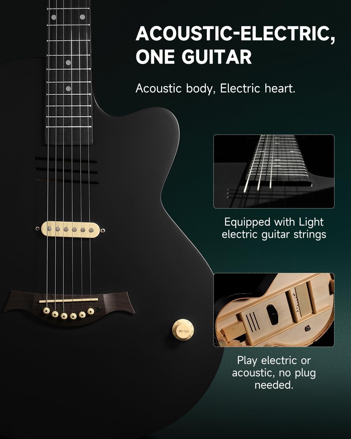 Moukey Acoustic Electric Guitar 39-Inch, Cutaway Guitar with Passive Pickup, Gig Bag, Strap, Picks, Tuner, and Capo, Black