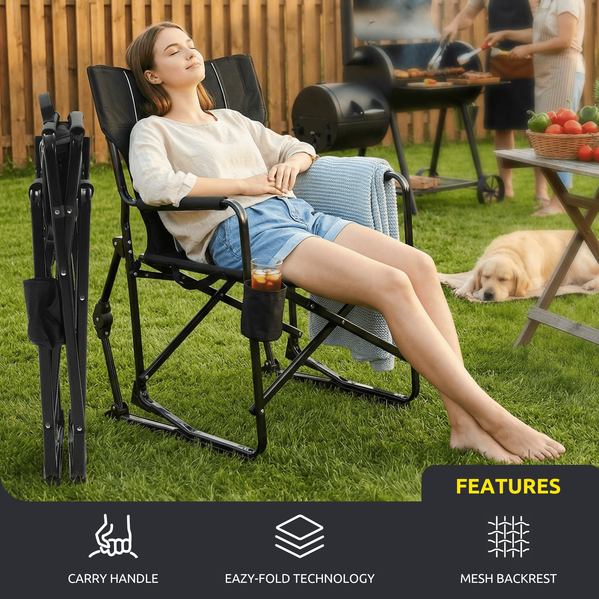LIFERECORD Outdoor Rocker Camping Chair, Portable Folding Rocking Chair Waterproof Cup Holder, Mesh Back for Patio Beach Sports Events