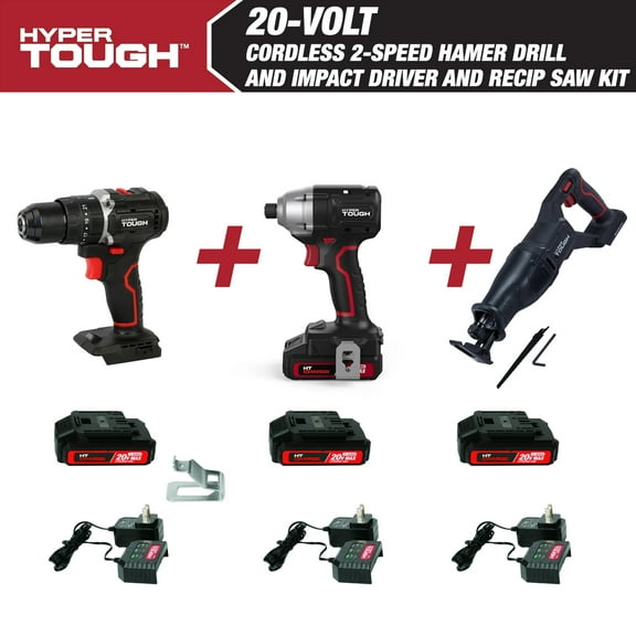 Hyper Tough 20V 1/4” Impact Driver, 1/2” 2-Speed Hammer Drill, & Reciprocating Saw Bundle (3) 1.5Ah Lithium-Ion Batteries & (3) Chargers