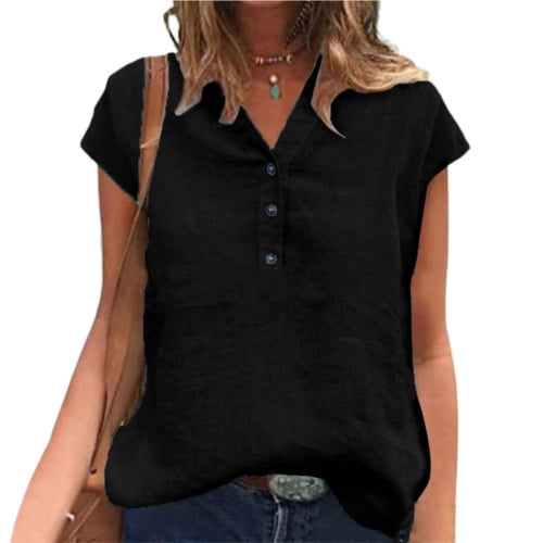 Fairnull T-shirt Simple à Manches Courtes Col en V Boutons pour Femmes Pull Uni Vêtements Féminins