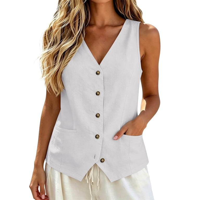 【guri】Yoli Cotton vest | O.white KDDYLITQ Vest Tops for Women Cotton Linen Button Down Sleeveless