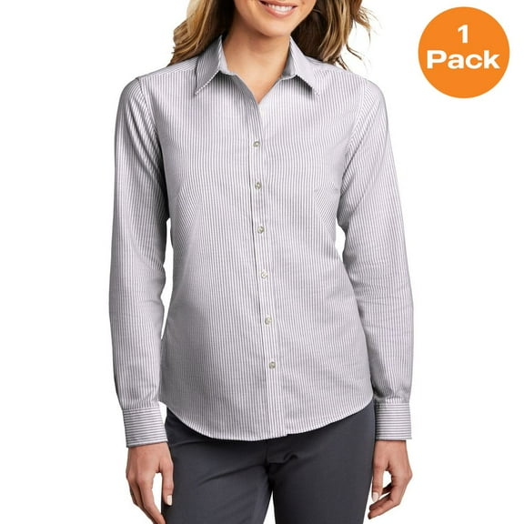 Port Authority LW657 Ladies SuperPro Oxford Stripe Shirt, Black/ White, XS, Womens Button Down Shirts