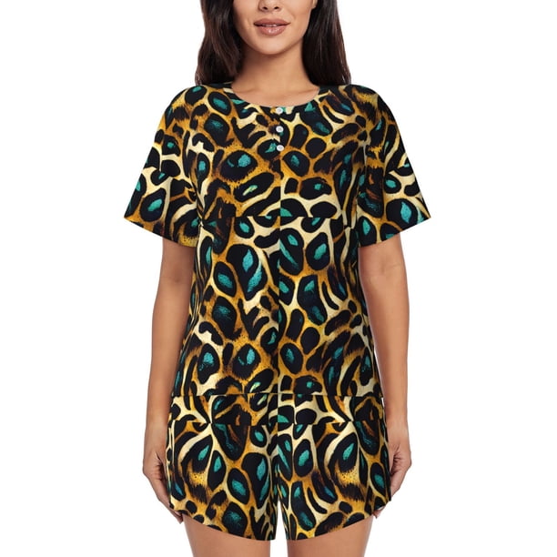 Fotbe Teal Leopard Conjunto de Pijama Estampado para Mujer, 2 Piezas, Ropa de Dormir con Camiseta de Manga Corta y Shorts Suaves-Small