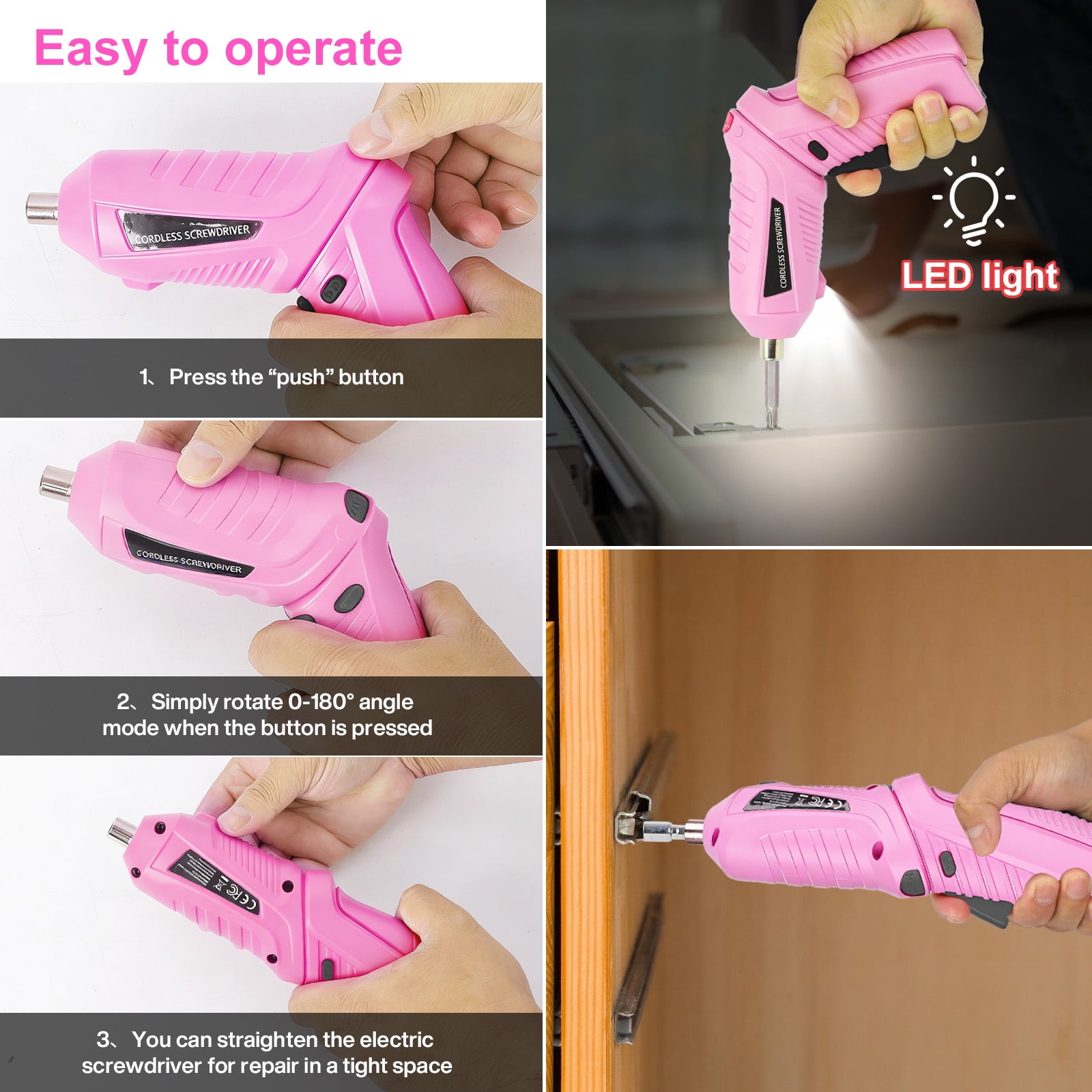 Electric Screwdriver Set, Handheld cordless drill Rechargeable Tool, Rotatable 90 Degrees Cordless Electric Screwdriver Set with Rechargeable Battery and LED Light for Home DIY, Pink