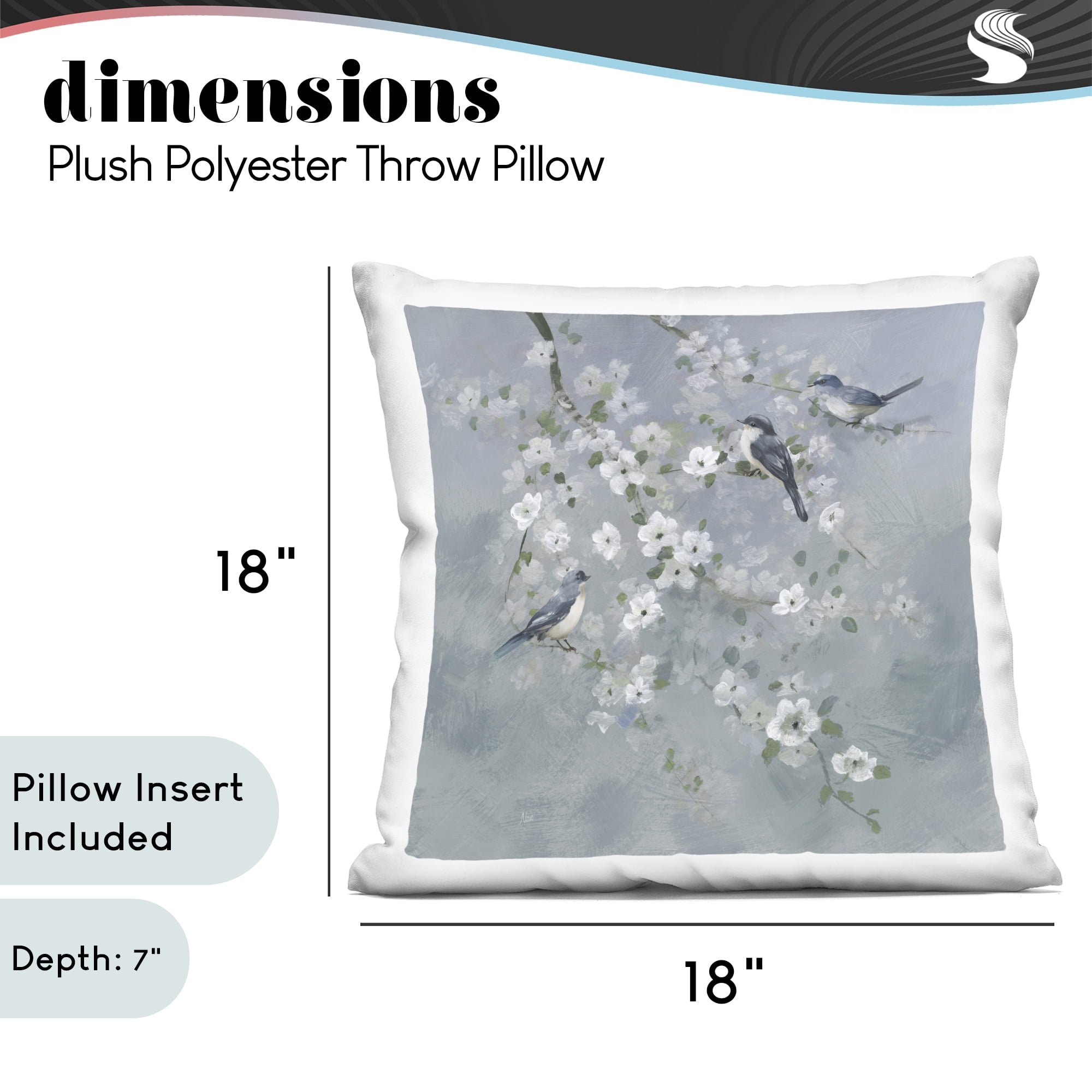 Stupell Industries Serene Birds on White Blooms Decorative Printed Throw Pillow, design by Nan, 18 x 7 x 18