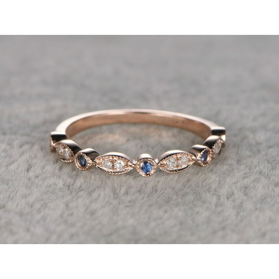 HeartsAndYou 1ct Natural Sapphire Diamond Wedding Band Stylish Stackable 14k SOLID Rose Gold