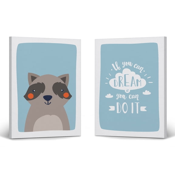 Smile Art Design Cute Raccoon and Motivational Quote Blue Background 2 PANEL Canvas Wall Art Print SET Kids Room Decor Baby Boy and Girl Room Decor Ready to Hang Made in the USA (36x24)x2