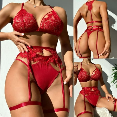 

Honeeladyy Sexy Women Lace Hollow Out Babydoll Underwear Sleepwear Intimates Thong With Garter Panty Lingerie Set sexy sets for women