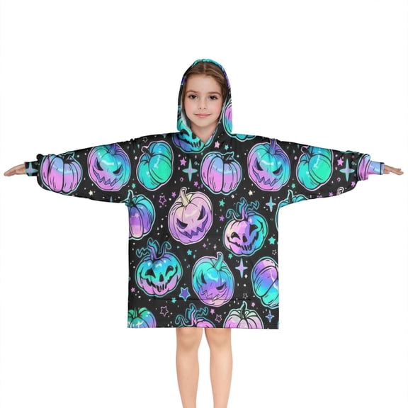 Colorful Halloween Pumpkins Pattern Blanket Hoodies for Kids 6-13YR Oversize Wearable Blanket Hoodies for Boys Girls Teens