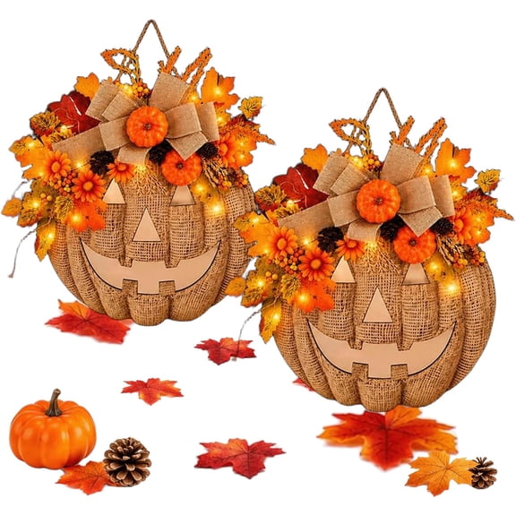 2PCS Lighted Burlap Pumpkin Wreath for Front Door, 14 Inch Halloween Wreath with Warm LED Lights, Rustic Fall Pumpkin Wreath Decor