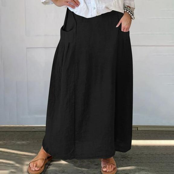 absuyy Long Skirts for Women Plus Size with Pockets Loose Elastic Waistband Pleated Mid Calf Skirt Black Size L