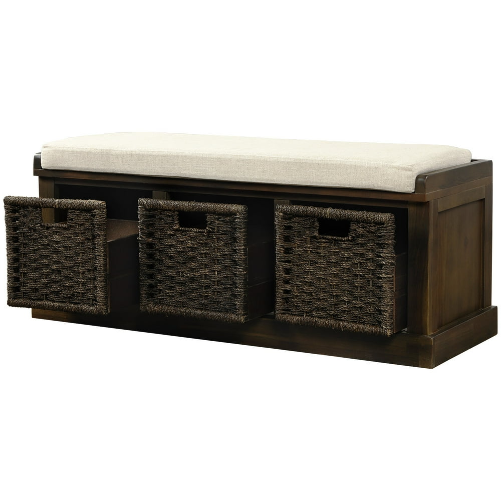 Rustic Storage Bench with 3 Removable Classic Fabric Basket , Entryway