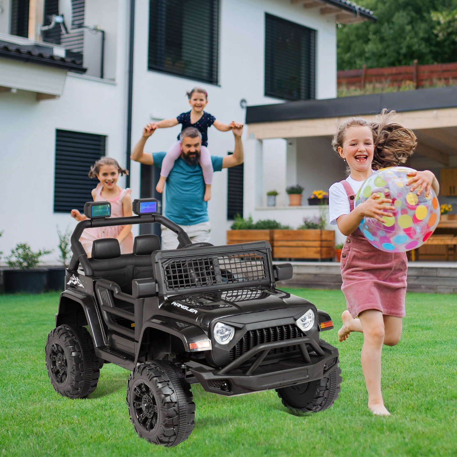 Erinnyees 12V Ride on Jeep Car, Kids Electric Vehicles with Remote Control, Safety Belt, Battery Powered, Music and Lights-Black