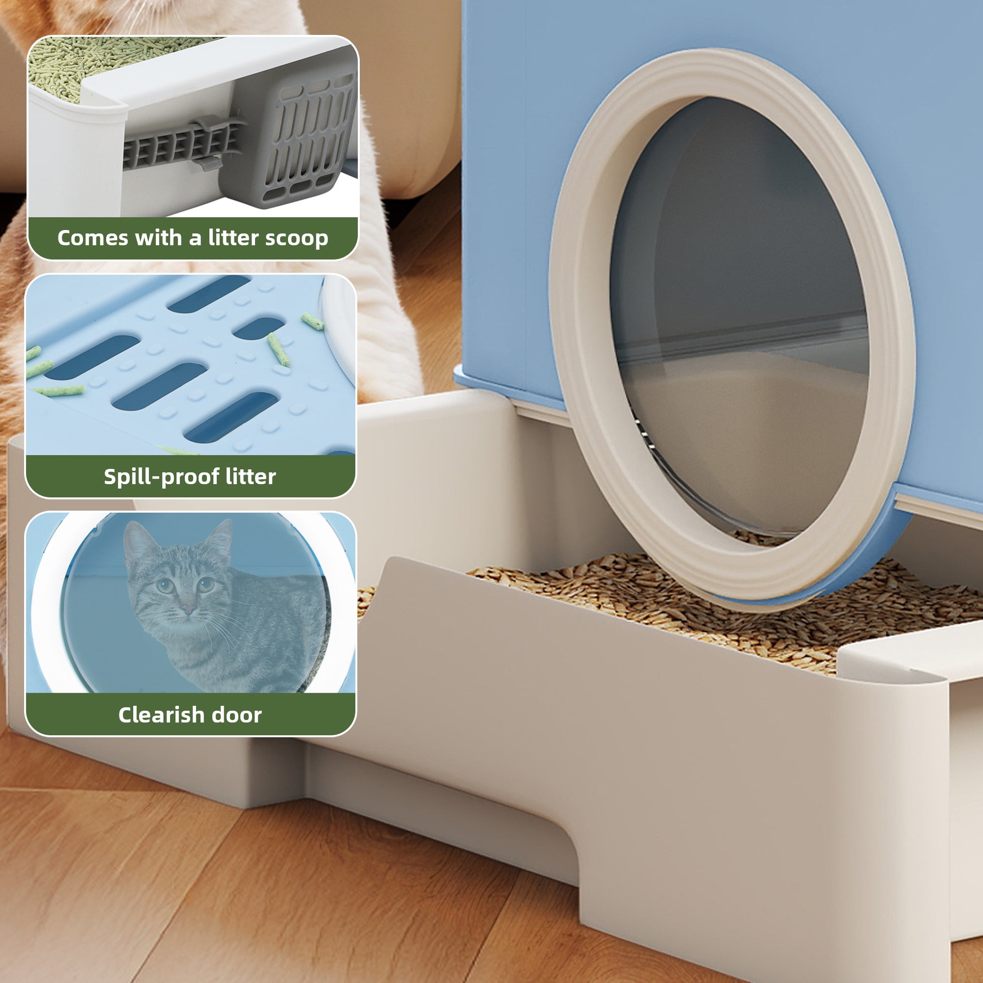 Uforic Large Enclosed Cat Litter Box with Lid Drawer Type Easy to Clean,Blue