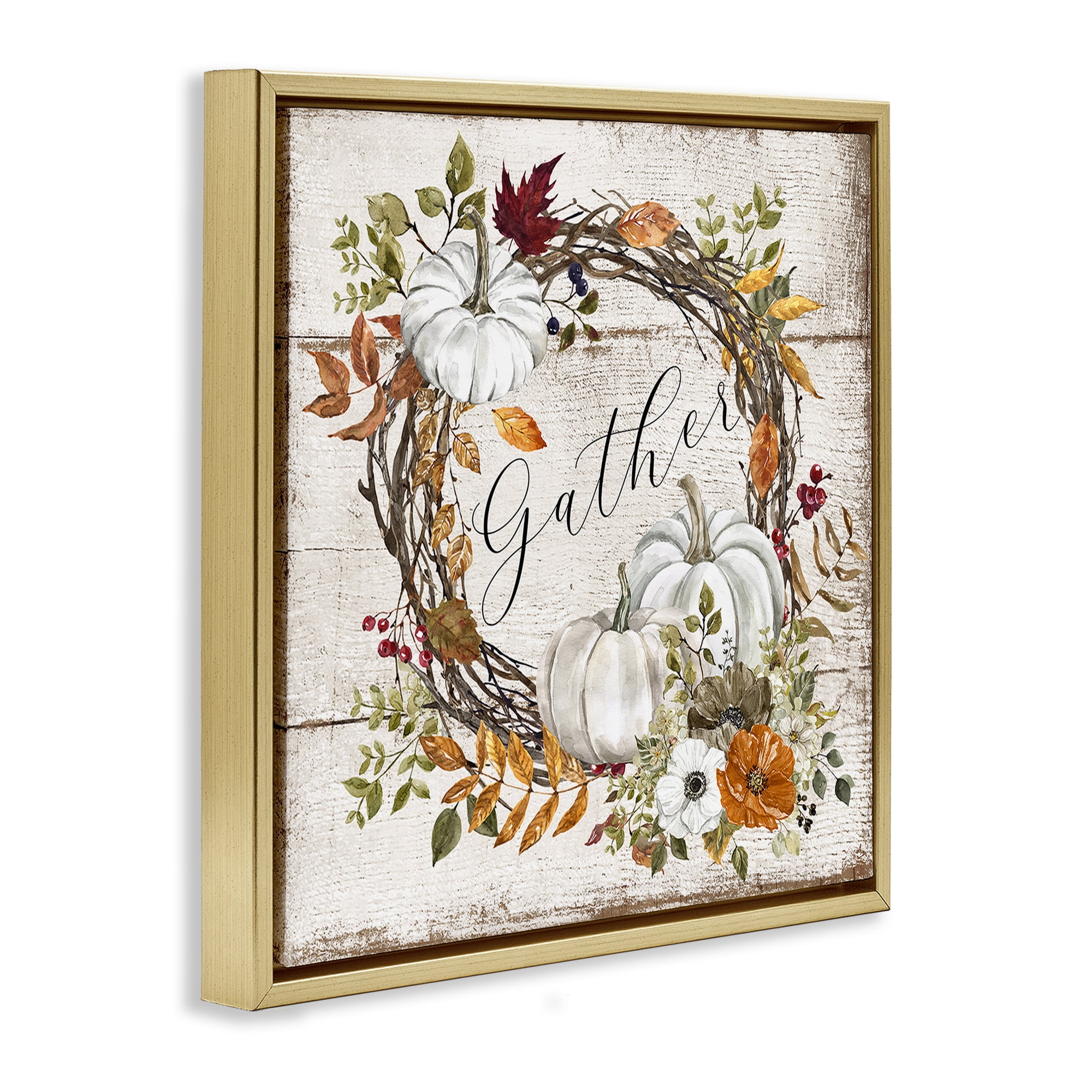 Stupell Industries Gather Autumnal Wreath Holiday Painting Gold Floater Framed Canvas Art Prints Wall Art, 18 x 18
