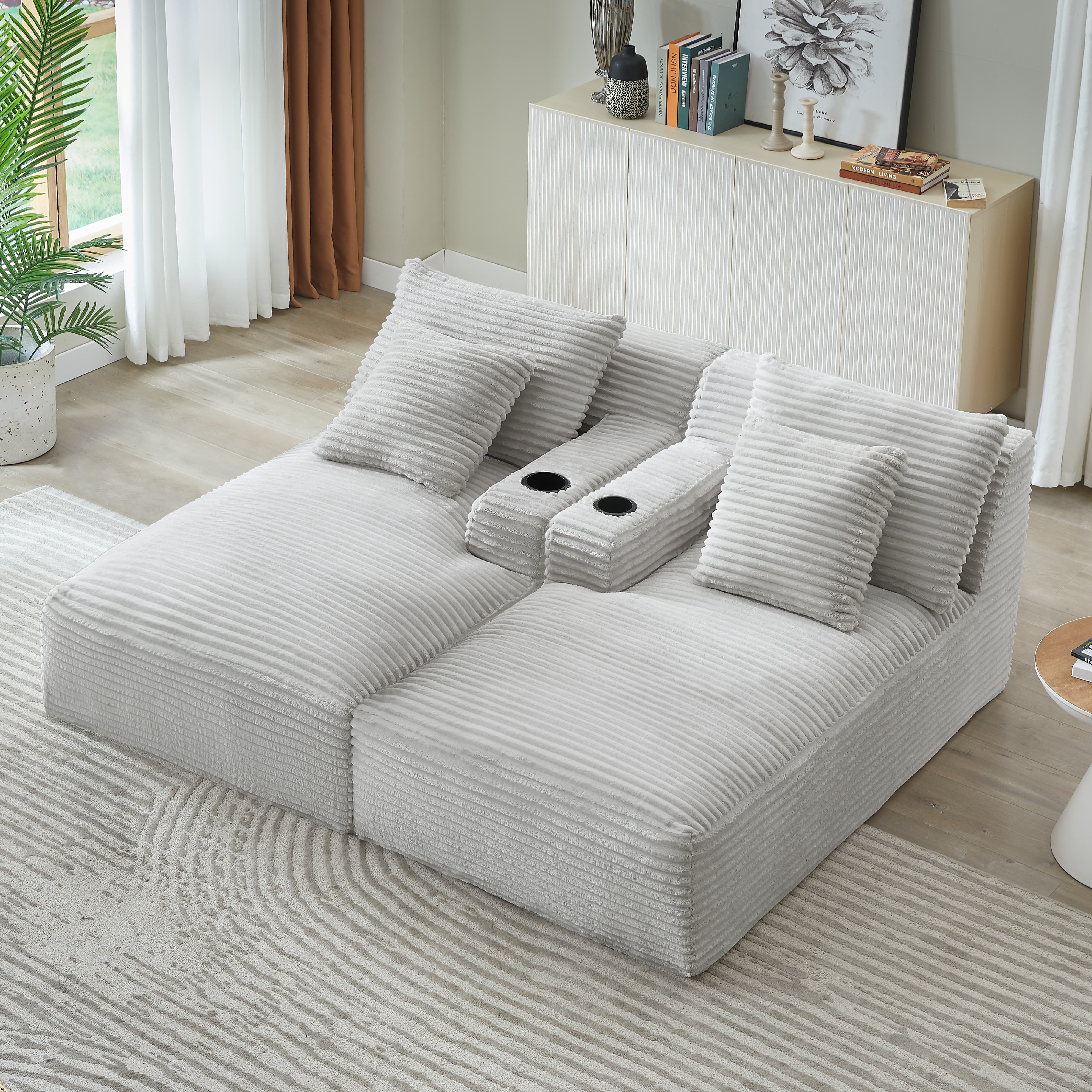 MAYEERTY Compressible Corduroy Double Chaise Sofa, Modern Sectional Loveseat with Cup Holders for Living Room, 71*62*34"Light Grey