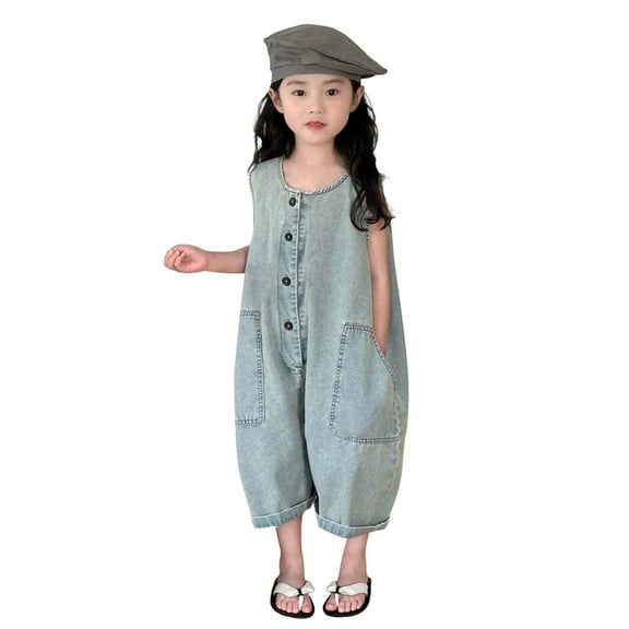 ZACPNCV Girls Casual Denim Overall Jumpsuits Sleeveless Collared Neck One Piece Clothes Blue 10-11 Years