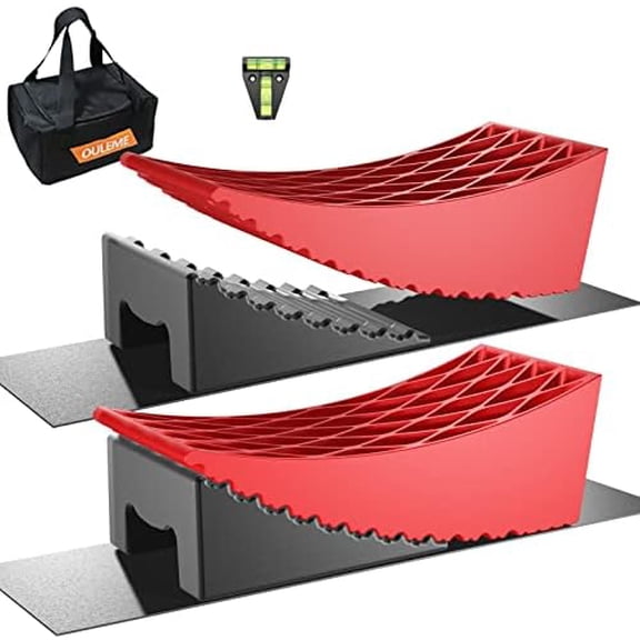 RV Leveling Blocks, Camper Leveler, 2 Packs for Dual Axle Tandem Wheel Travel Trailer Motorhome, Include 2 Curved Leveler Ramp, 2 Chock, 2 Rubber Mat, 1 T Bubble Level, 1 Storage Bag