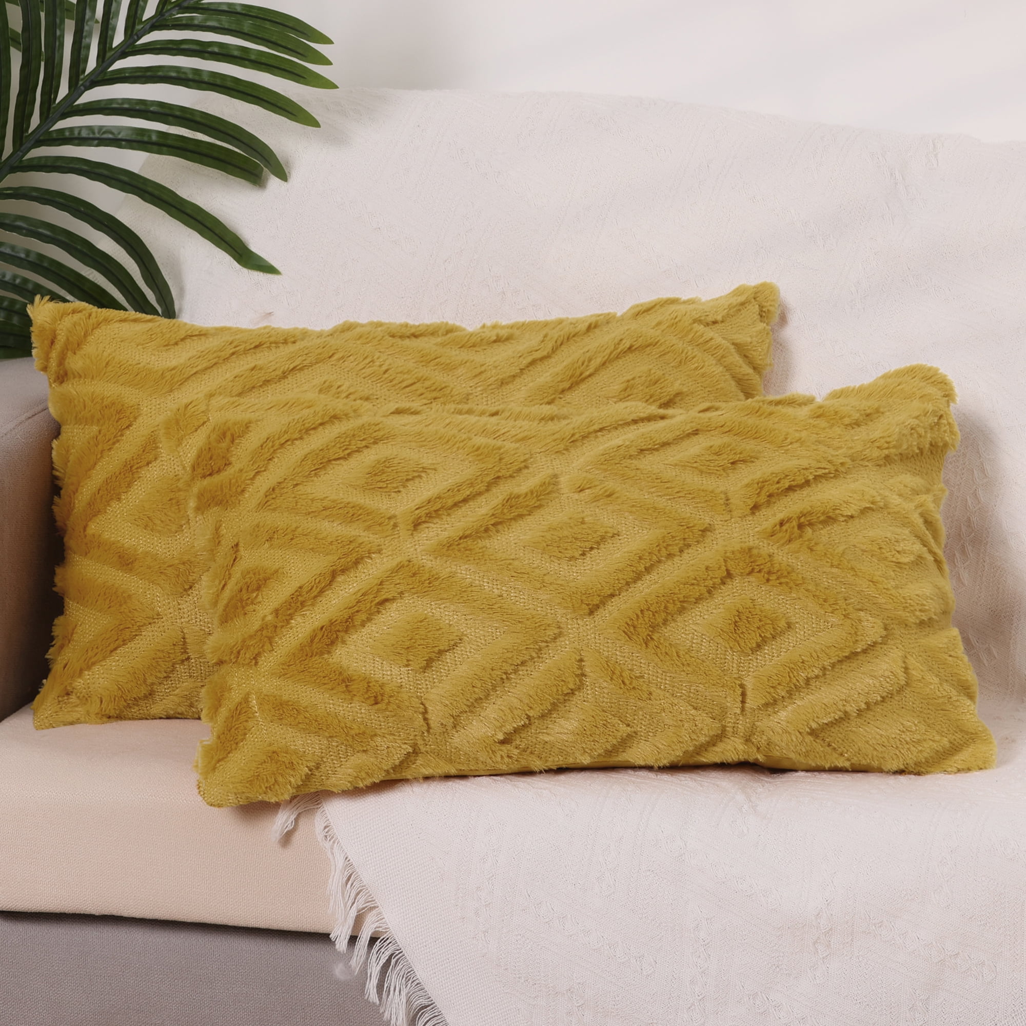 Unique Bargains Shaggy Plush Throw Pillow Covers Couch Pillow Covers (2 Count) Yellow-1 12" x 20"