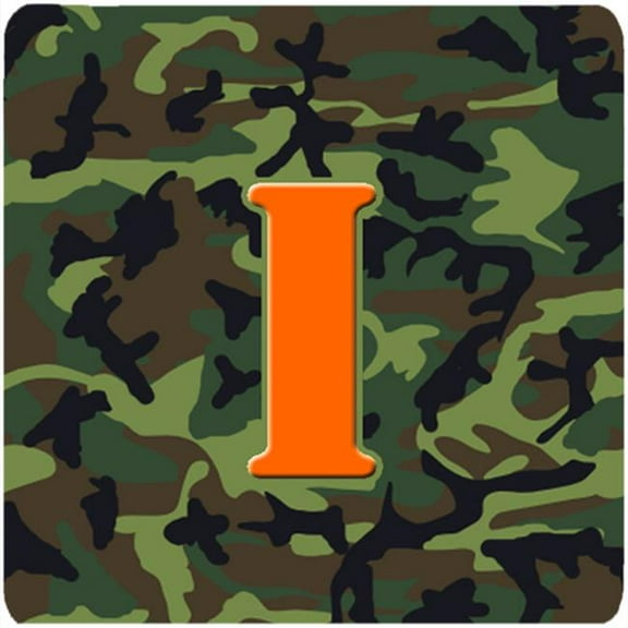 Monogram - Camo Green Foam Coasters, Initial Letter I - Set 4, 3.5 x 3.5 In.