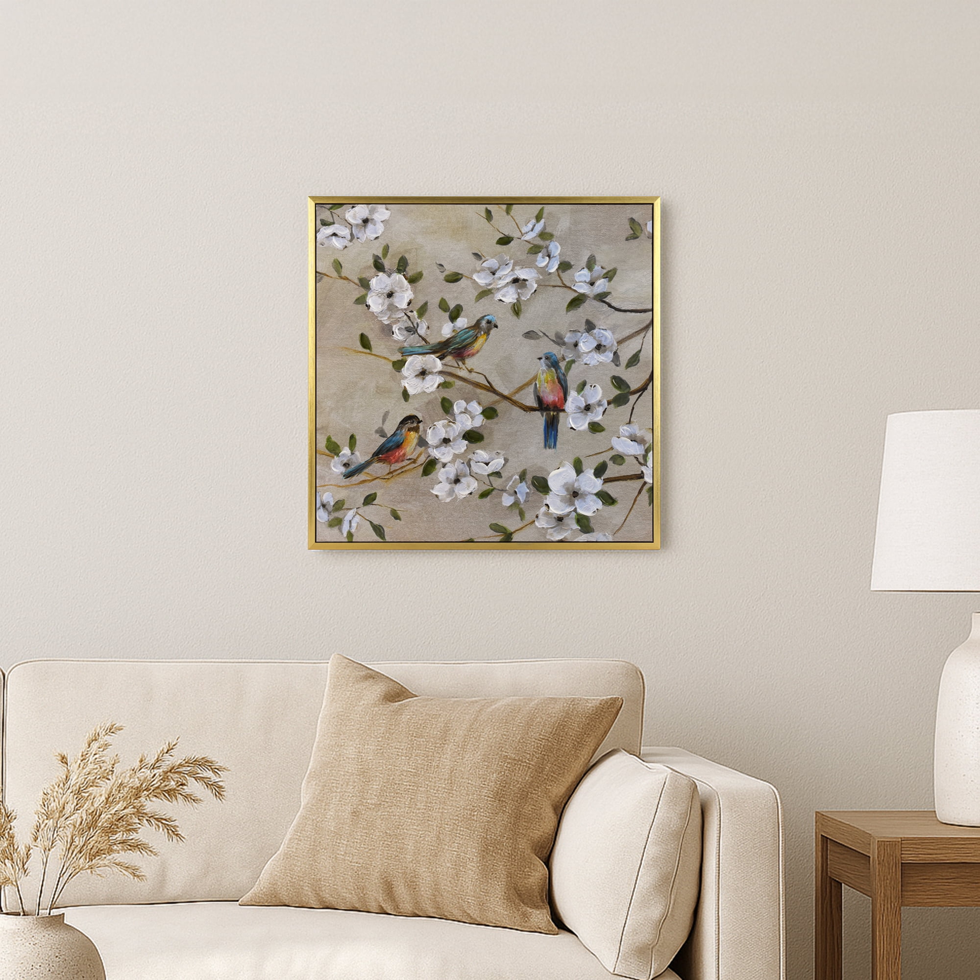 Crystal Art Gallery 23x23 Framed Picture Frame Wall Art Canvas Print, Three Birds & White Floral Branches, Gold Farmhouse Frame