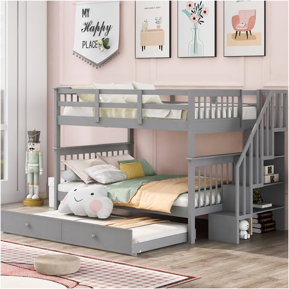 JERFIT Full-Over-Full Bunk Bed with Twin Trundle, Staircase with Storage Drawers, Guard Rail, Solid Wood Frame for Space Saving