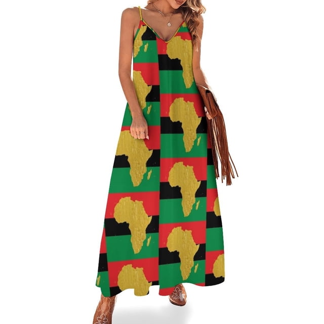 Vestido elegante sin mangas con la bandera panafricana dorada y símbolo africano de África para mujer