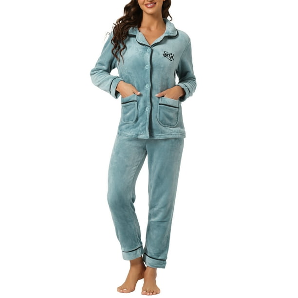 Allegra K Women's Pajama Sets Sleepwear Button Down Soft Night Suit Pj Lounge  Sets Lake Blue XS 