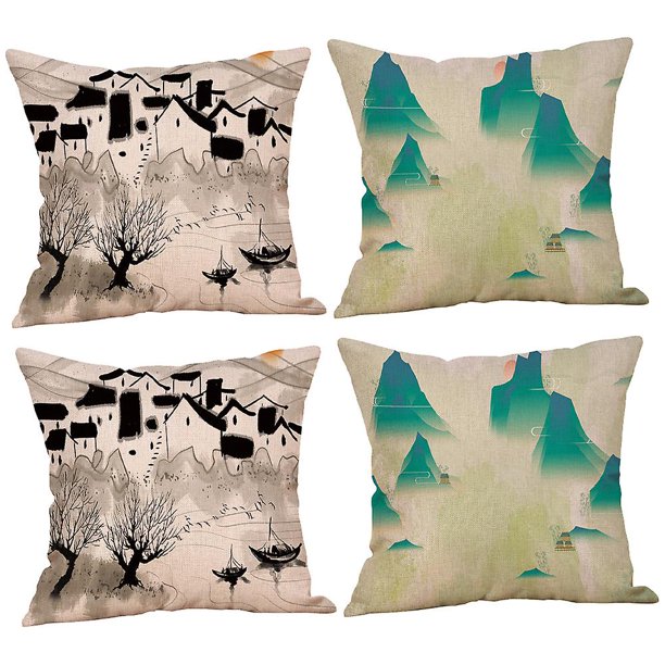 4 piezas de funda de almohada de lino y algodón con paisaje, pintura de paisaje, funda de cojín para sofá, estilo mixto 1